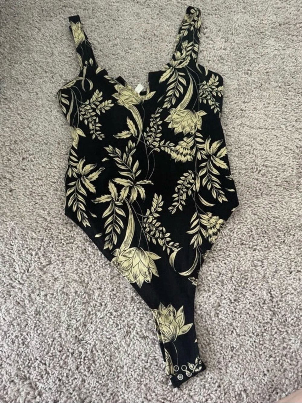 Black Floral Print Bodysuit with Yellow Botanical Design